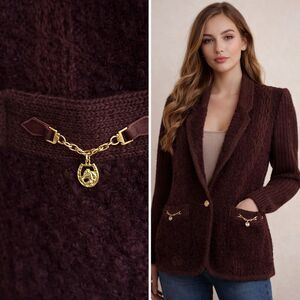 VTG 80s Lambswool Boucle Cable Knit Blazer Womens Sz M Horse Equestrian Western
